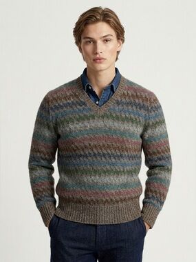 Vintage 90s Chaps Ralph Lauren Chevron Knit Wool V-Neck Sweater Size Medium